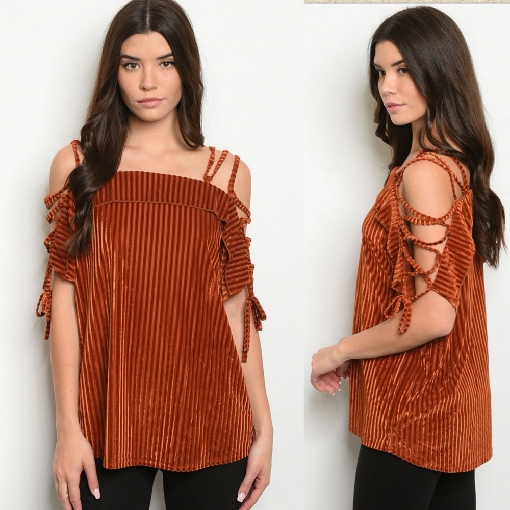 5⭐ Brand new Rust/orange velvet lace up cold shoulder top